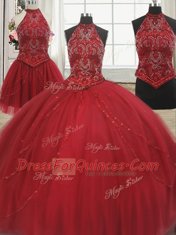 Artistic Three Piece Halter Top Beading 15 Quinceanera Dress Red Lace Up Sleeveless With Train Court Train