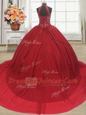 Artistic Three Piece Halter Top Beading 15 Quinceanera Dress Red Lace Up Sleeveless With Train Court Train