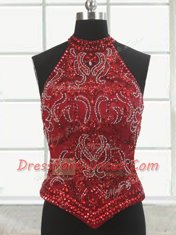 Artistic Three Piece Halter Top Beading 15 Quinceanera Dress Red Lace Up Sleeveless With Train Court Train