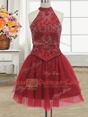 Artistic Three Piece Halter Top Beading 15 Quinceanera Dress Red Lace Up Sleeveless With Train Court Train