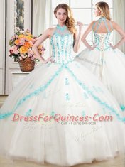 Halter Top Sleeveless 15th Birthday Dress Floor Length Beading and Appliques White Tulle