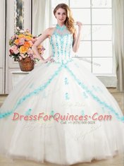 Halter Top Sleeveless 15th Birthday Dress Floor Length Beading and Appliques White Tulle