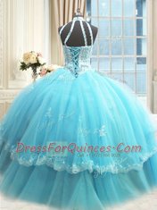 Beauteous Halter Top Sleeveless Tulle Sweet 16 Quinceanera Dress Beading and Lace and Appliques Lace Up