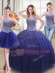 Three Piece Royal Blue Quinceanera Gowns Military Ball and Sweet 16 and Quinceanera and For with Beading Sweetheart Sleeveless Lace Up