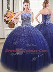 Three Piece Royal Blue Quinceanera Gowns Military Ball and Sweet 16 and Quinceanera and For with Beading Sweetheart Sleeveless Lace Up