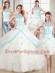 Cute Four Piece Halter Top Sleeveless Floor Length Beading and Appliques Lace Up Sweet 16 Dress with White