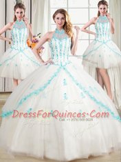 Cute Four Piece Halter Top Sleeveless Floor Length Beading and Appliques Lace Up Sweet 16 Dress with White