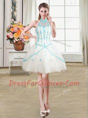 Cute Four Piece Halter Top Sleeveless Floor Length Beading and Appliques Lace Up Sweet 16 Dress with White