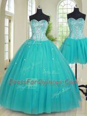 Sumptuous Three Piece Aqua Blue Lace Up 15 Quinceanera Dress Beading Sleeveless Floor Length