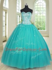 Sumptuous Three Piece Aqua Blue Lace Up 15 Quinceanera Dress Beading Sleeveless Floor Length