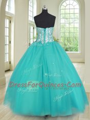 Sumptuous Three Piece Aqua Blue Lace Up 15 Quinceanera Dress Beading Sleeveless Floor Length