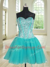Sumptuous Three Piece Aqua Blue Lace Up 15 Quinceanera Dress Beading Sleeveless Floor Length
