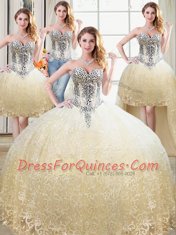 Four Piece Tulle and Lace Sleeveless Floor Length 15 Quinceanera Dress and Beading and Lace