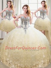 Four Piece Tulle and Lace Sleeveless Floor Length 15 Quinceanera Dress and Beading and Lace
