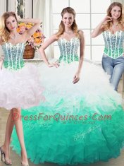 Best Selling Three Piece Sleeveless Organza Floor Length Lace Up Quinceanera Dresses in White and Green with Beading and Ruffles