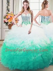 Best Selling Three Piece Sleeveless Organza Floor Length Lace Up Quinceanera Dresses in White and Green with Beading and Ruffles