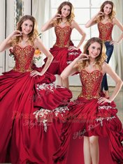 Most Popular Four Piece Wine Red Ball Gowns Sweetheart Sleeveless Taffeta Floor Length Lace Up Beading and Appliques and Pick Ups Sweet 16 Dresses