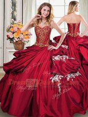 Most Popular Four Piece Wine Red Ball Gowns Sweetheart Sleeveless Taffeta Floor Length Lace Up Beading and Appliques and Pick Ups Sweet 16 Dresses