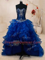 Spectacular Four Piece Pick Ups Ruffled With Train Royal Blue 15 Quinceanera Dress Sweetheart Sleeveless Brush Train Lace Up