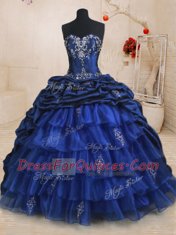 Spectacular Four Piece Pick Ups Ruffled With Train Royal Blue 15 Quinceanera Dress Sweetheart Sleeveless Brush Train Lace Up
