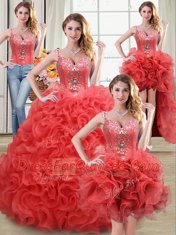 Elegant Four Piece Ball Gowns Sweet 16 Quinceanera Dress Coral Red Straps Fabric With Rolling Flowers Sleeveless Floor Length Zipper