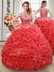 Elegant Four Piece Ball Gowns Sweet 16 Quinceanera Dress Coral Red Straps Fabric With Rolling Flowers Sleeveless Floor Length Zipper