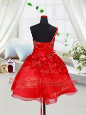 One Shoulder Sequins and Hand Made Flower Flower Girl Dresses Red Lace Up Sleeveless Mini Length