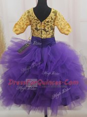 Eggplant Purple and Gold Flower Girl Dresses for Less Quinceanera and Wedding Party and For with Lace and Ruffles and Bowknot Scoop Short Sleeves Zipper