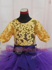 Eggplant Purple and Gold Flower Girl Dresses for Less Quinceanera and Wedding Party and For with Lace and Ruffles and Bowknot Scoop Short Sleeves Zipper