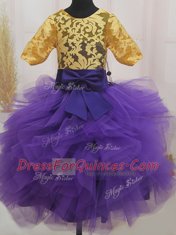 Eggplant Purple and Gold Flower Girl Dresses for Less Quinceanera and Wedding Party and For with Lace and Ruffles and Bowknot Scoop Short Sleeves Zipper