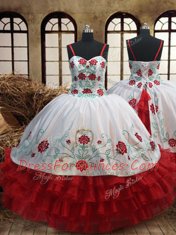White and Red Organza Lace Up Spaghetti Straps Sleeveless Floor Length Pageant Gowns For Girls Embroidery and Ruffled Layers