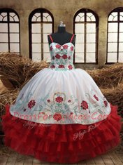 White and Red Organza Lace Up Spaghetti Straps Sleeveless Floor Length Pageant Gowns For Girls Embroidery and Ruffled Layers