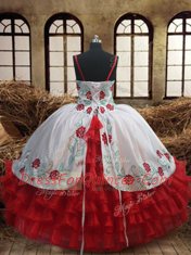 White and Red Organza Lace Up Spaghetti Straps Sleeveless Floor Length Pageant Gowns For Girls Embroidery and Ruffled Layers
