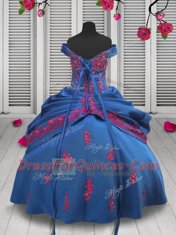 Gorgeous Off the Shoulder Blue Sleeveless Beading and Appliques and Pick Ups Floor Length Little Girls Pageant Gowns