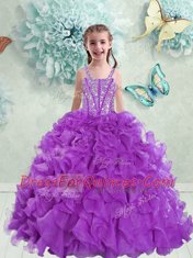 Extravagant Organza Straps Sleeveless Lace Up Beading and Ruffles Flower Girl Dresses in Eggplant Purple