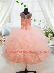 Scoop Sleeveless Tulle Floor Length Zipper Kids Formal Wear in Peach with Beading and Lace and Ruffles