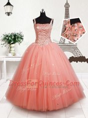 Custom Design Peach Tulle Lace Up Straps Sleeveless Floor Length Girls Pageant Dresses Beading