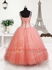 Custom Design Peach Tulle Lace Up Straps Sleeveless Floor Length Girls Pageant Dresses Beading