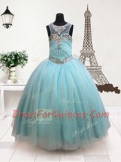 Chic Scoop Sleeveless Zipper Child Pageant Dress Aqua Blue Tulle