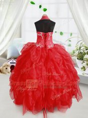 Red Lace Up Halter Top Beading and Ruffles Toddler Flower Girl Dress Organza Sleeveless