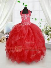 Red Lace Up Halter Top Beading and Ruffles Toddler Flower Girl Dress Organza Sleeveless