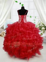 Suitable Spaghetti Straps Sleeveless Girls Pageant Dresses Floor Length Beading and Ruffles Red Organza