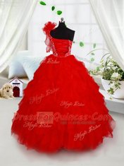 Glorious Red One Shoulder Neckline Beading and Ruffles and Hand Made Flower Little Girls Pageant Dress Sleeveless Lace Up