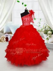 Glorious Red One Shoulder Neckline Beading and Ruffles and Hand Made Flower Little Girls Pageant Dress Sleeveless Lace Up