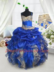 Fashionable Blue and Champagne Lace Up Spaghetti Straps Beading and Ruffles and Pick Ups Toddler Flower Girl Dress Organza Sleeveless