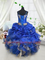 Fashionable Blue and Champagne Lace Up Spaghetti Straps Beading and Ruffles and Pick Ups Toddler Flower Girl Dress Organza Sleeveless