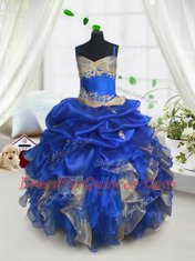 Fashionable Blue and Champagne Lace Up Spaghetti Straps Beading and Ruffles and Pick Ups Toddler Flower Girl Dress Organza Sleeveless