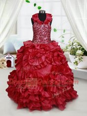 Wine Red Ball Gowns Taffeta Halter Top Sleeveless Beading and Ruffles and Sequins Floor Length Zipper Flower Girl Dresses