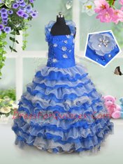 Custom Design Ruffled Ball Gowns Little Girls Pageant Gowns Blue And White Halter Top Organza Sleeveless Floor Length Lace Up