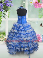 Custom Design Ruffled Ball Gowns Little Girls Pageant Gowns Blue And White Halter Top Organza Sleeveless Floor Length Lace Up